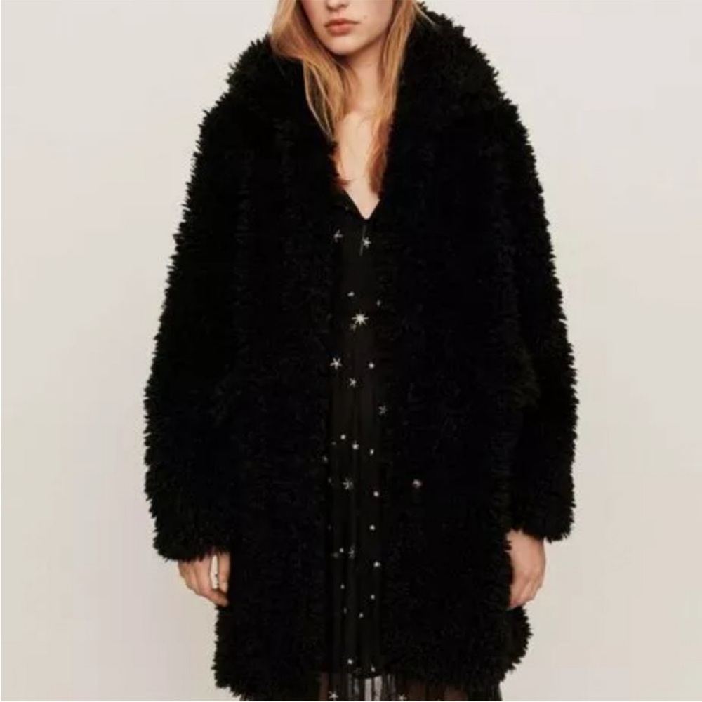 Maje Gordon Teddy Bear Black Fuzzy Faux Fur Coat size 36